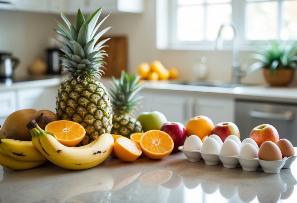 Frutas variadas e ovos organizados em uma bancada de cozinha limpa.