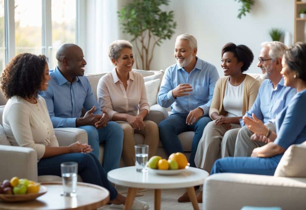 Grupo de pessoas conversando de forma amigável em uma sala iluminada, compartilhando experiências sobre saúde.
