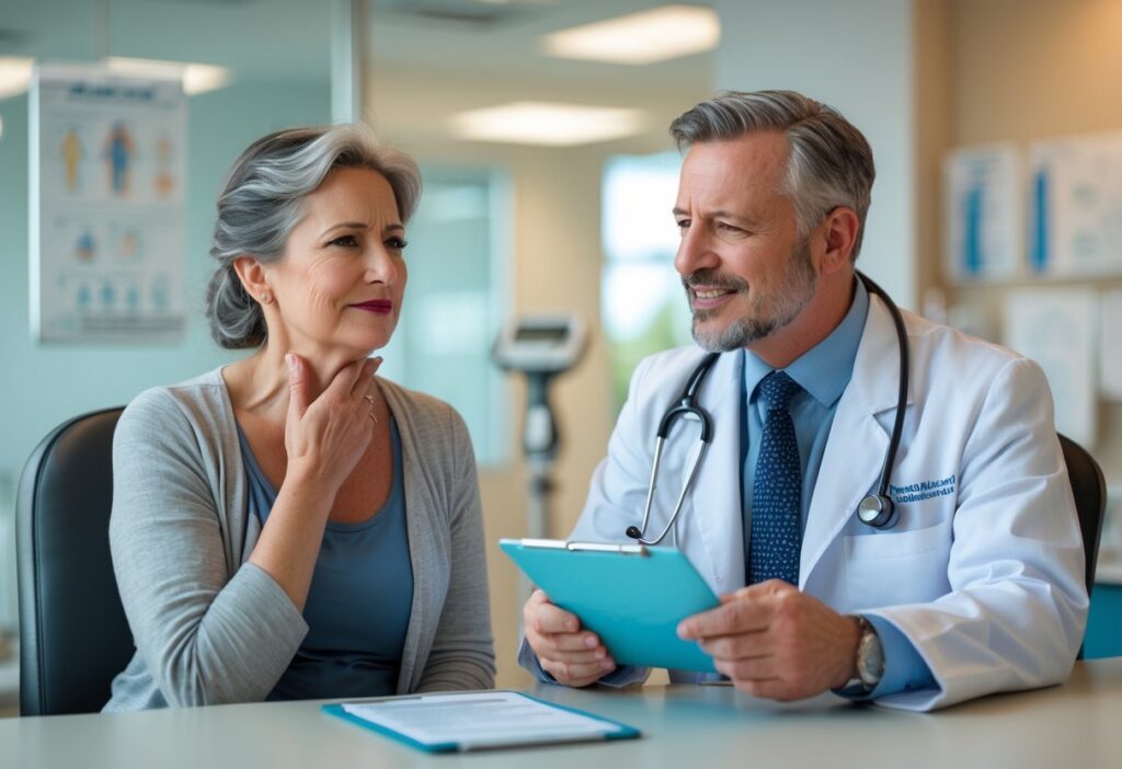 Mulher sentada em consultório médico tocando a garganta enquanto conversa com um médico.