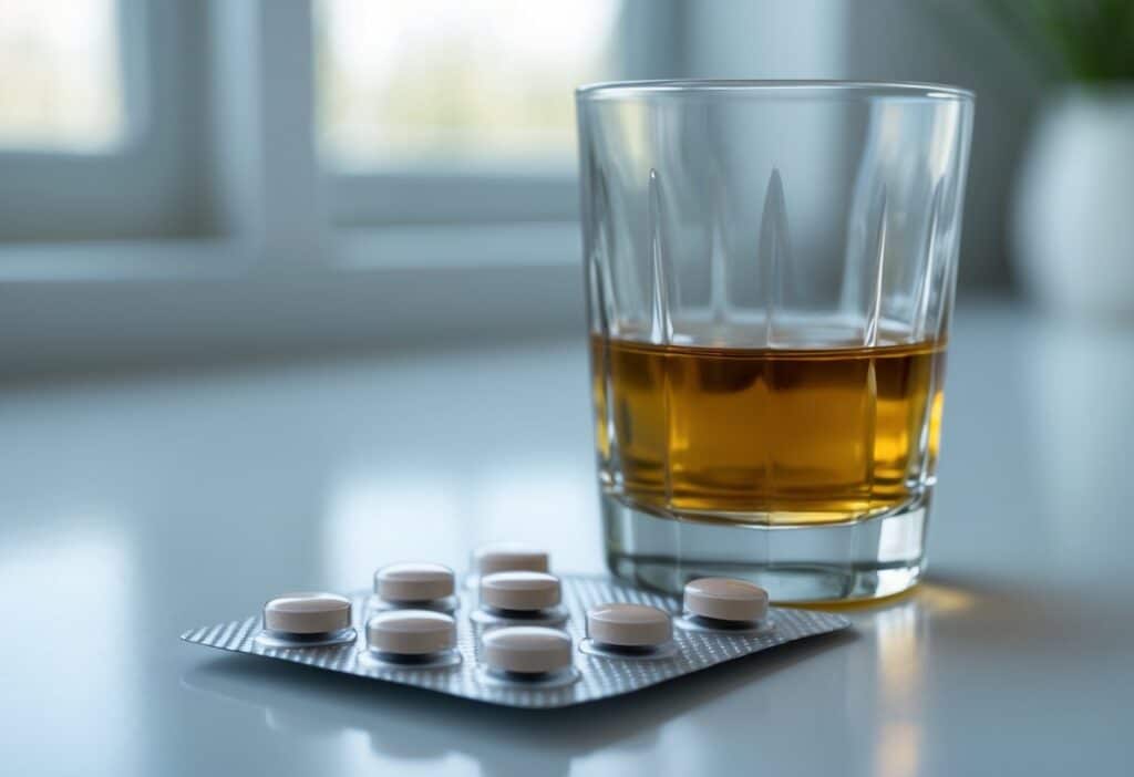 Um copo de álcool ao lado de um blister de comprimidos de sertralina sobre uma superfície branca.