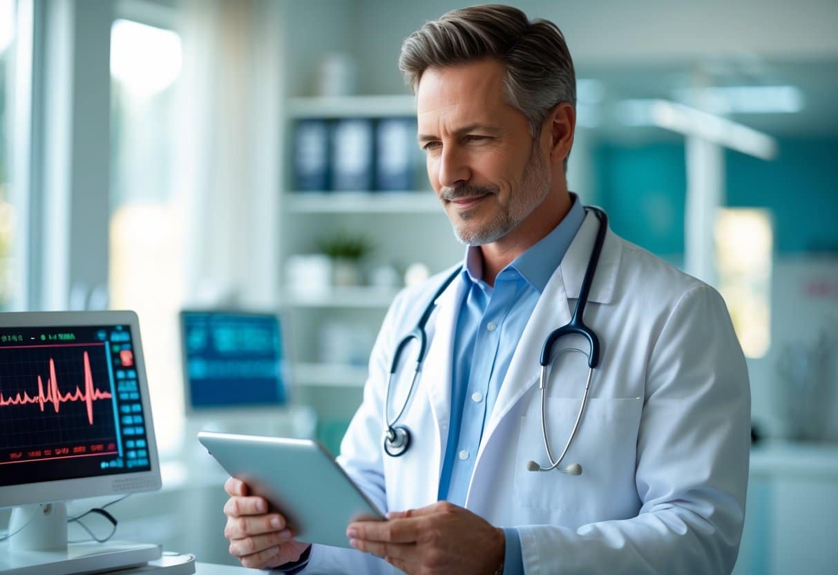 Um médico em consultório revisando dados de batimento cardíaco em um tablet, com equipamento médico ao fundo.