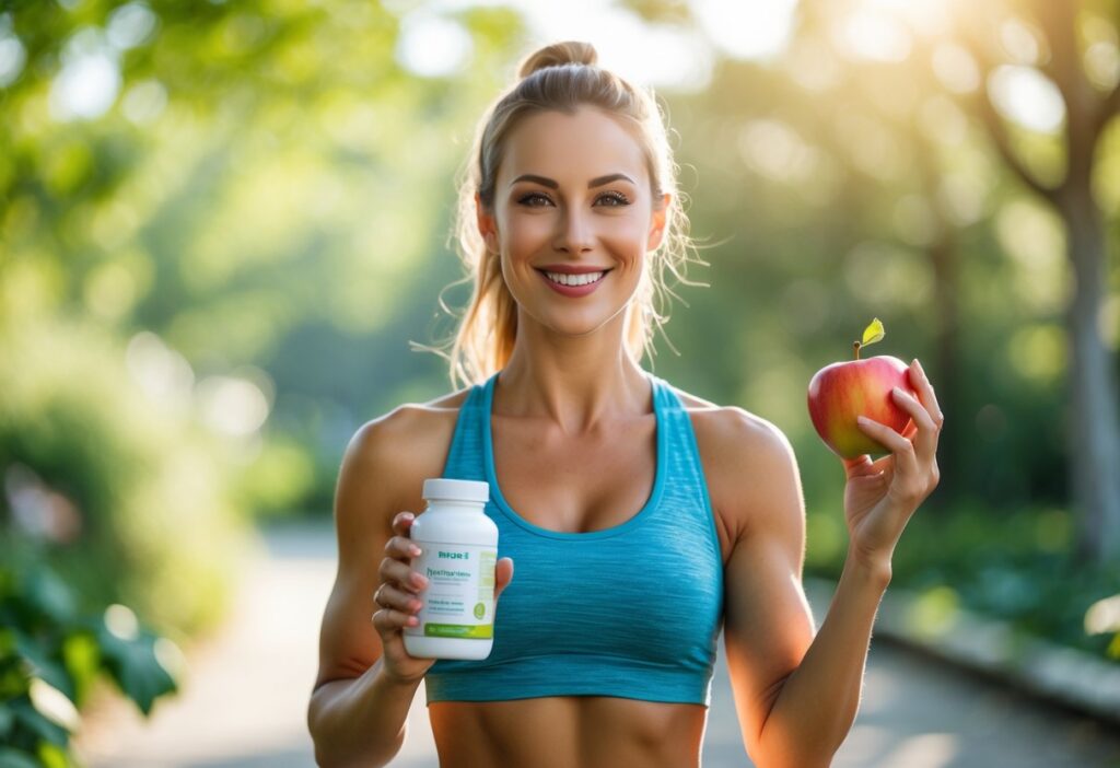 Mulher sorridente em roupas esportivas segurando um frasco de suplemento e uma fruta em um ambiente ao ar livre com plantas e luz natural.