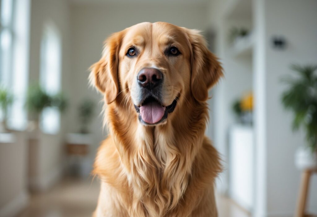 Um cachorro golden retriever saudável e bem alimentado em um ambiente interno iluminado.