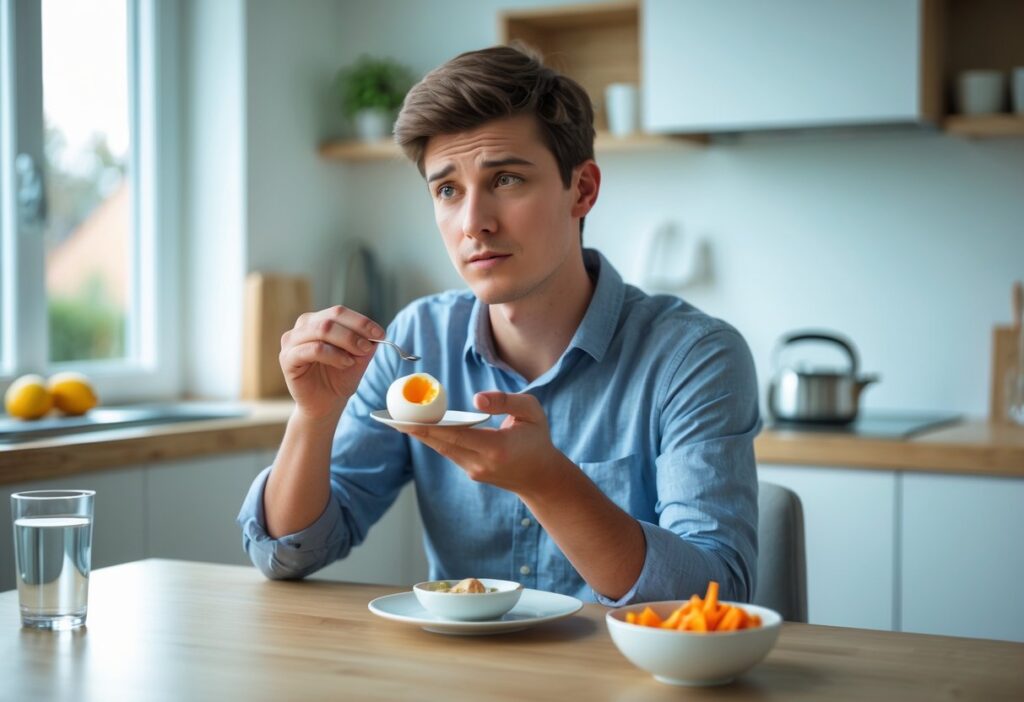 Pessoa jovem sentada à mesa da cozinha segurando um ovo cozido, pensando se pode comer após tirar o siso.