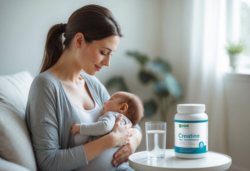 Mãe amamentando seu bebê sentada em uma sala iluminada com um copo de água e um recipiente de suplemento ao lado.