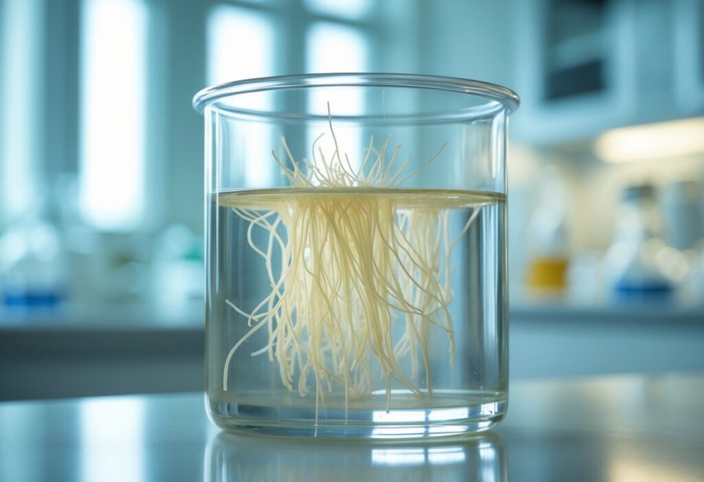Close-up de um recipiente de vidro transparente contendo uma amostra de urina clara com filamentos de muco visíveis no líquido.