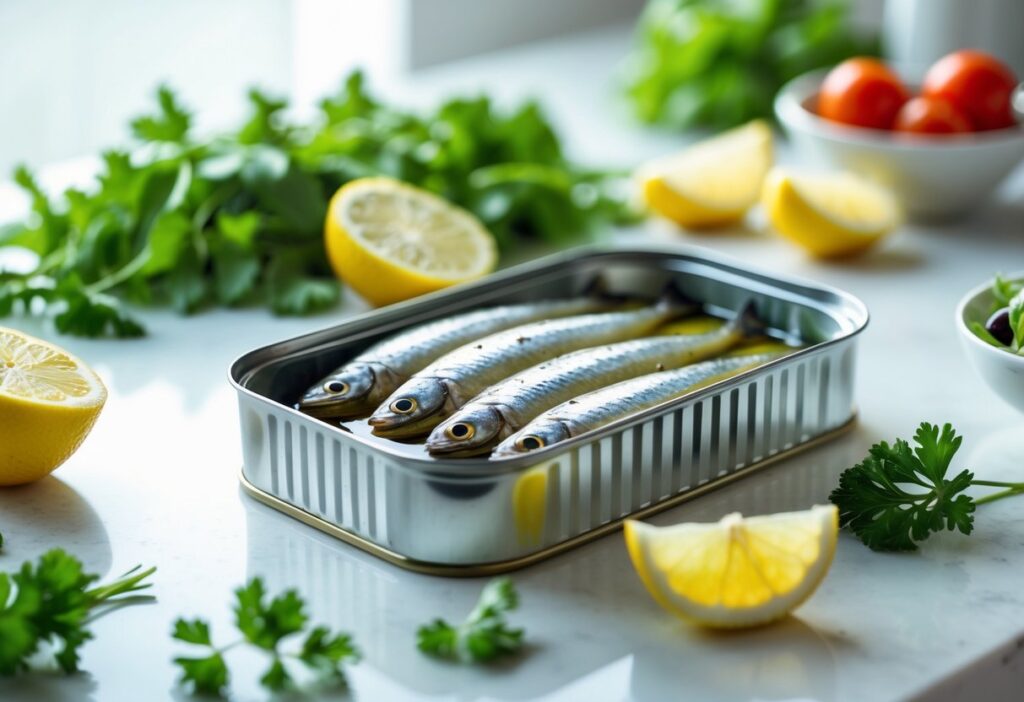 Lata aberta de sardinhas com ingredientes frescos como limão, salsa e tomates, sobre uma bancada de cozinha branca.