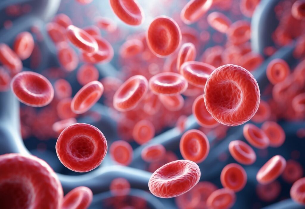 Close-up de glóbulos vermelhos em um vaso sanguíneo com alta concentração.