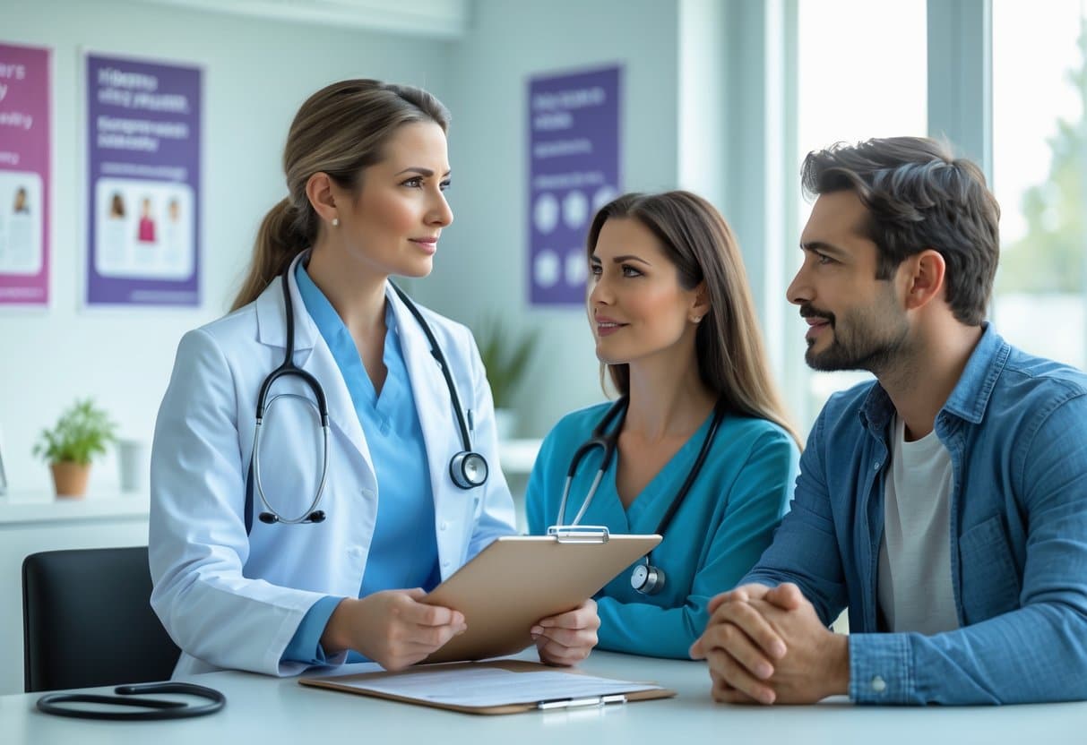 Médica conversando com um casal jovem em consultório médico, explicando cuidados após laqueadura.