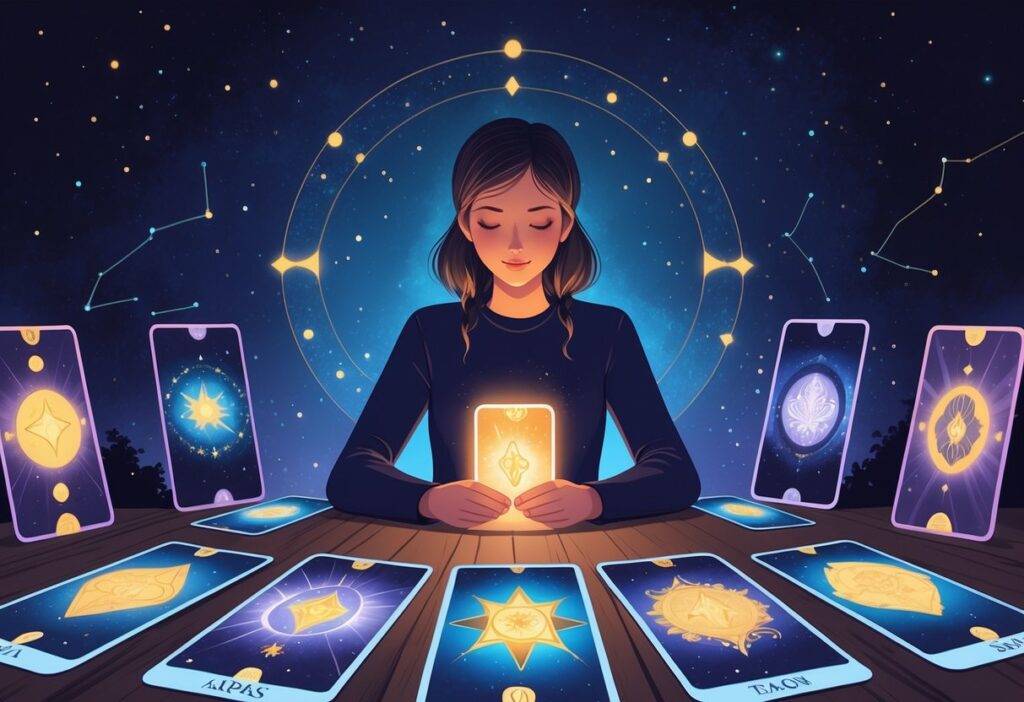 Pessoa sentada à mesa segurando um cartão de tarô iluminado, com outros cartões dispostos ao redor e um fundo cósmico estrelado.