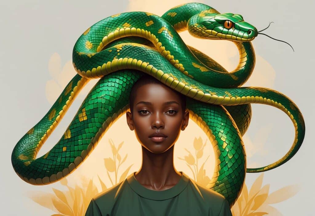 Pessoa com uma cobra grande enrolada e apoiada na cabeça, com expressão calma e fundo neutro.