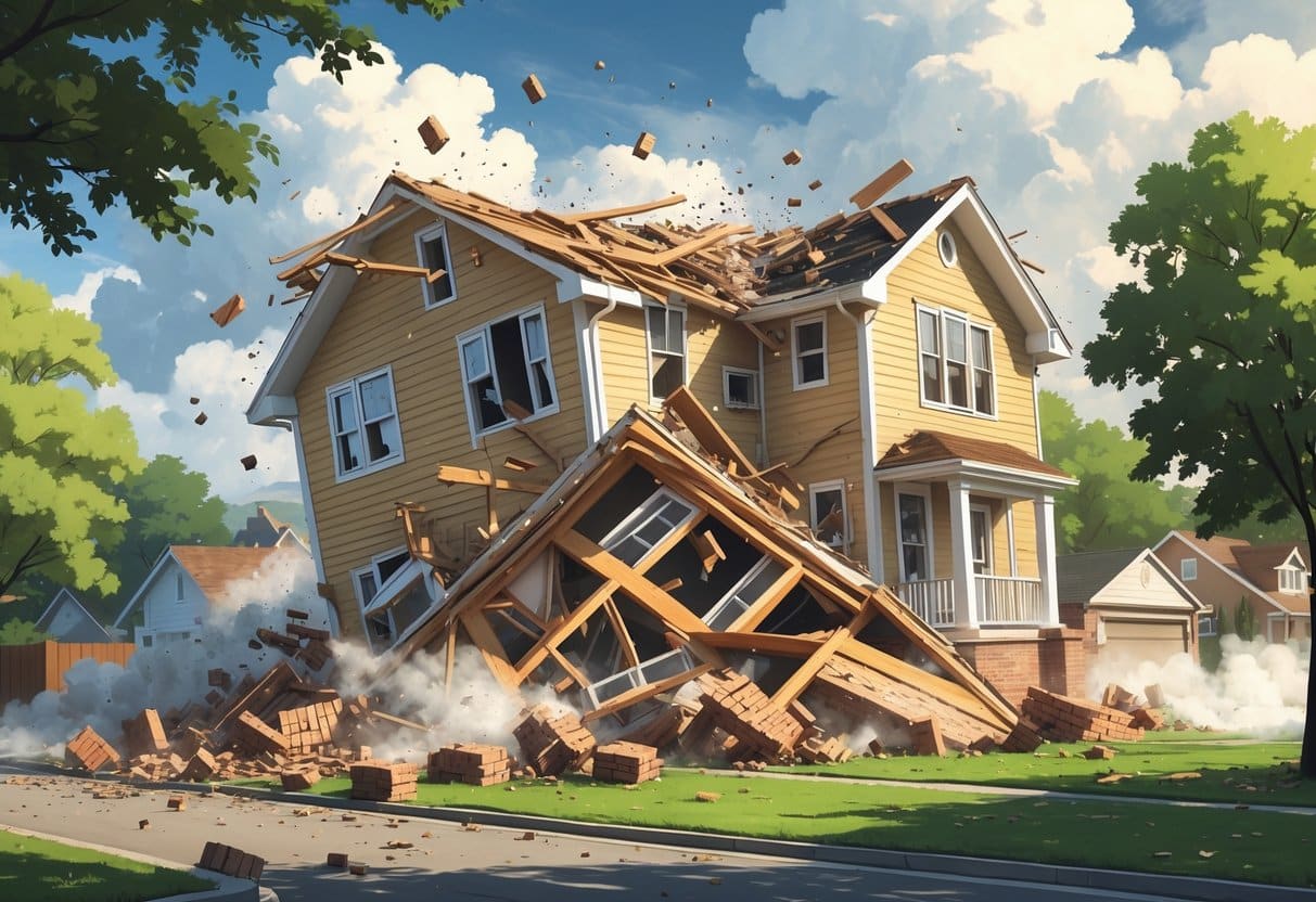 Uma casa em colapso, com partes desabando e detritos espalhados ao redor.