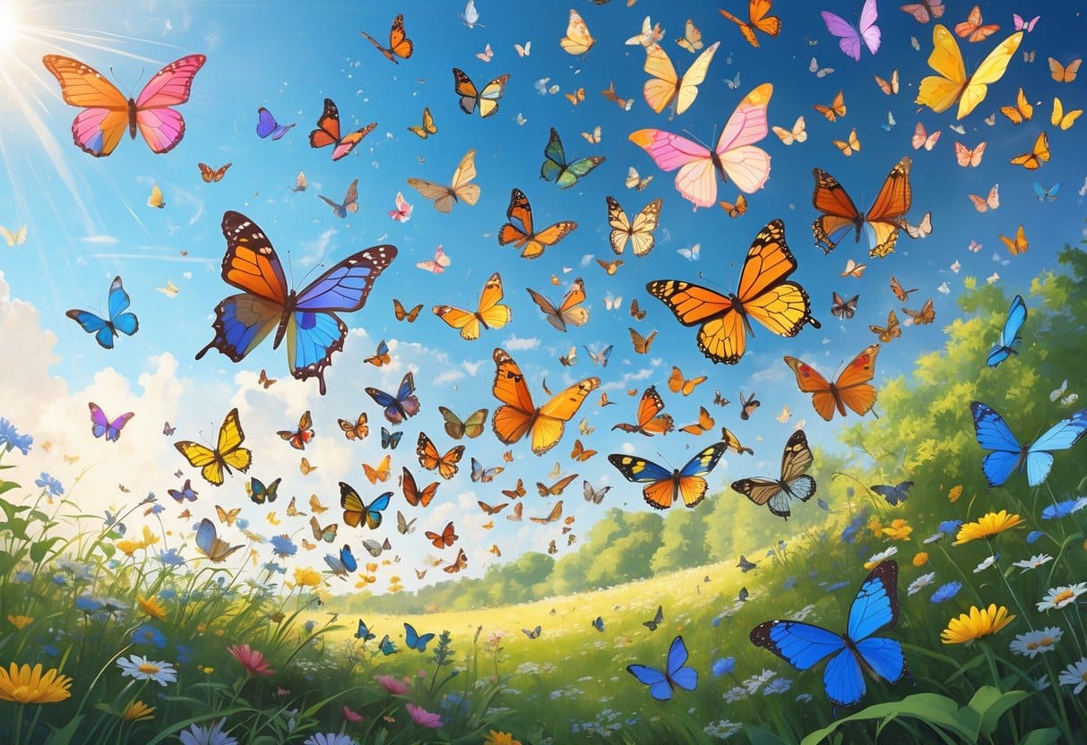 Um grande grupo de borboletas coloridas voando sobre um campo verde com flores sob um céu claro.