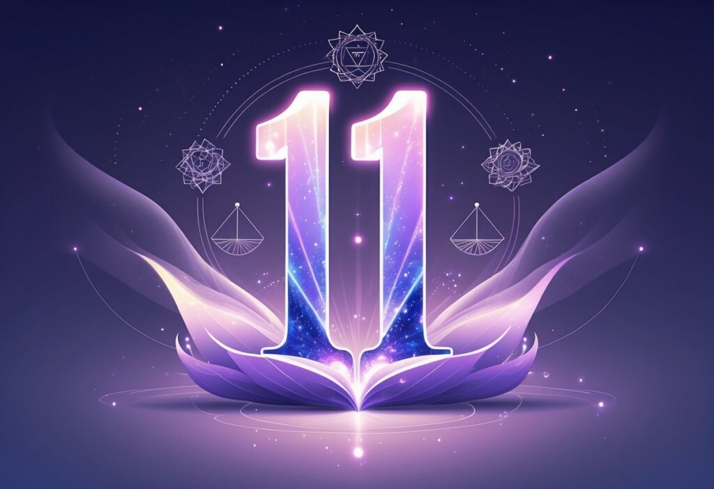 Número 11 brilhando no centro, cercado por padrões geométricos e luzes suaves que transmitem espiritualidade e equilíbrio.