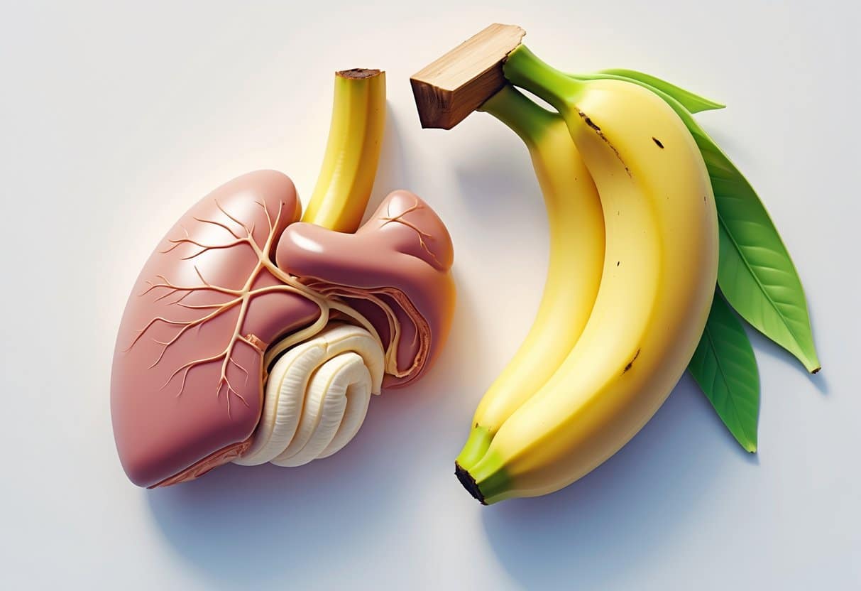 Ilustração mostrando um fígado humano com acúmulo de gordura ao lado de uma banana madura.