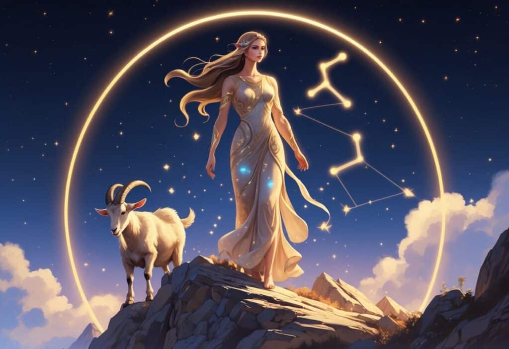 Figura feminina representando Vênus em uma montanha rochosa com um bode estilizado e céu estrelado ao fundo.