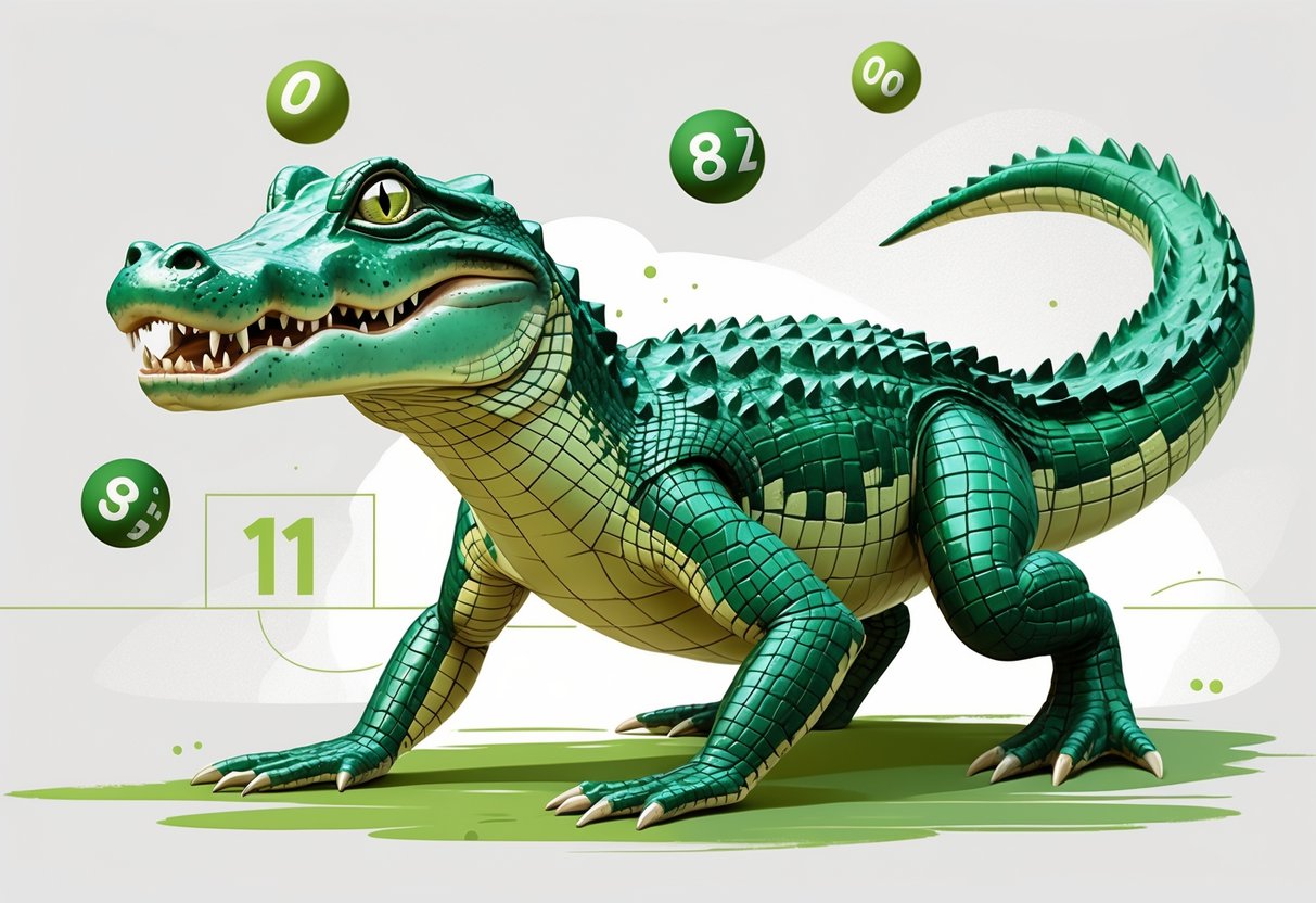 Ilustração de um jacaré em destaque, com elementos sutis relacionados a números de loteria ao redor.
