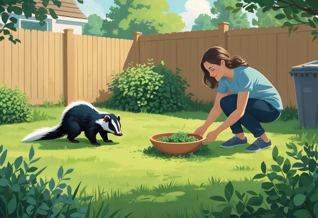 Pessoa afastando um gambá de forma cuidadosa em um quintal com plantas e cerca de madeira.