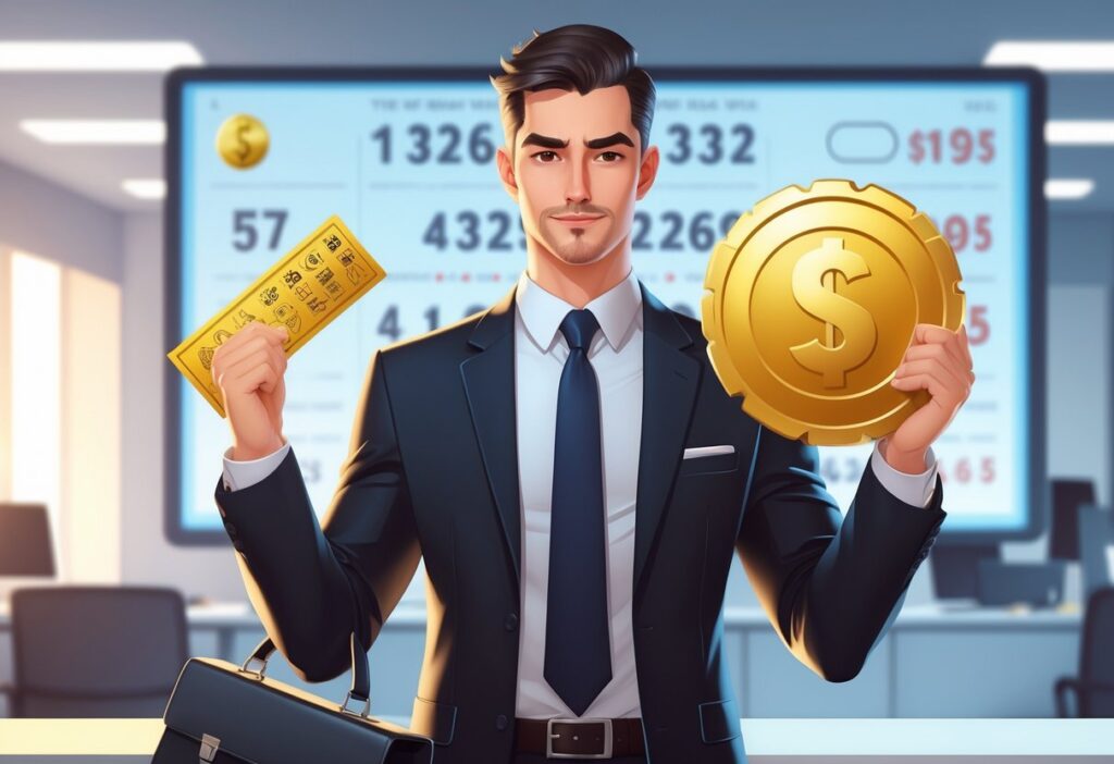 Homem confiante vestindo terno em escritório moderno segurando um bilhete de loteria dourado e uma pasta.
