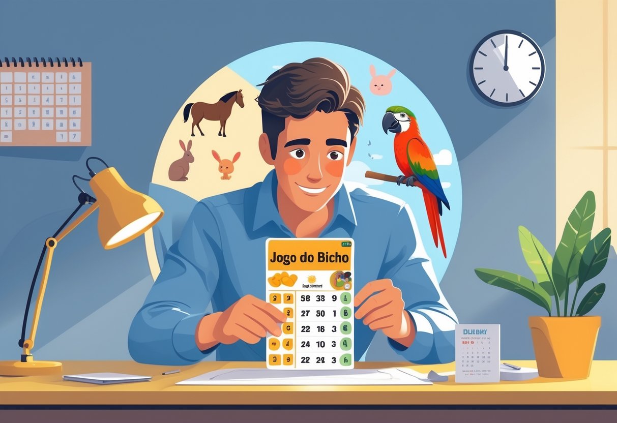 Pessoa sentada à mesa olhando para um bilhete do jogo do bicho, com imagens de animais ao fundo, em um ambiente iluminado e tranquilo.