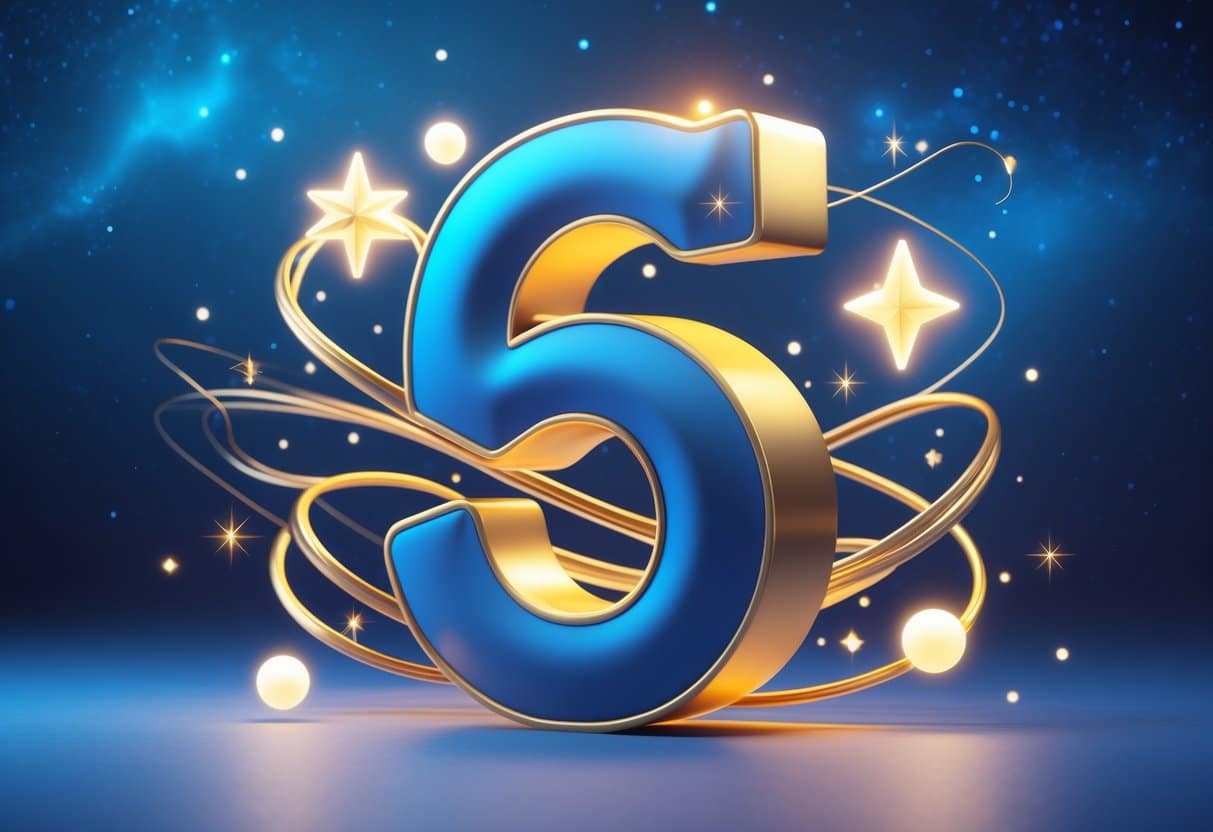 Número 5 grande e brilhante cercado por elementos abstratos e luminosos que representam energia mística, com fundo azul escuro e detalhes brilhantes.