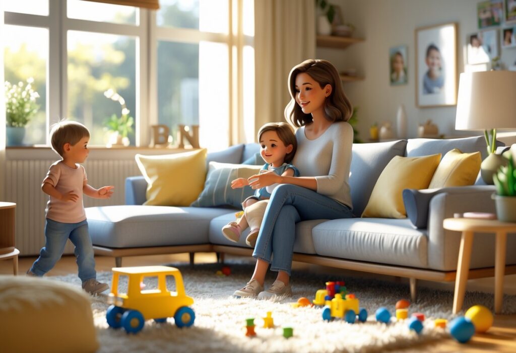Uma mulher sentada em um sofá com duas crianças pequenas brincando próximas em uma sala de estar acolhedora.