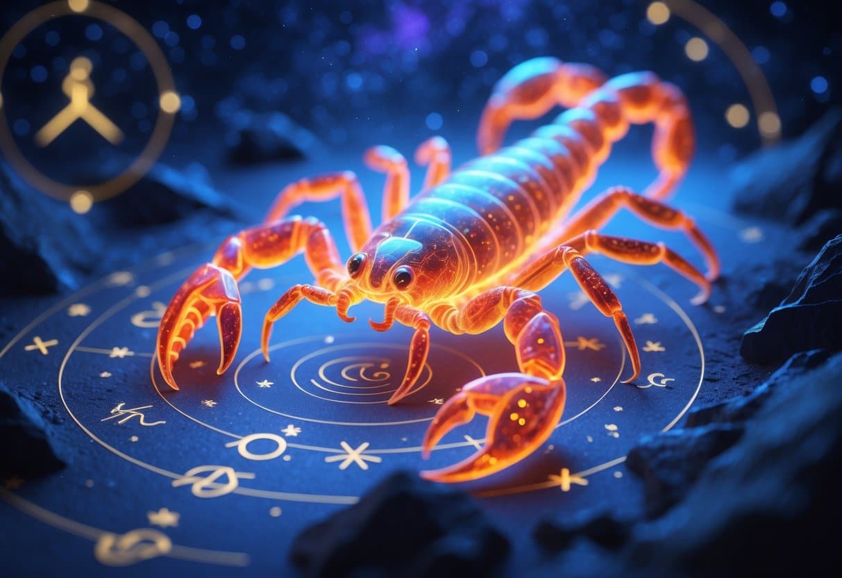 Uma escorpião brilhante e detalhado emergindo de um fundo estrelado e cósmico, rodeado por símbolos astrológicos sutis.