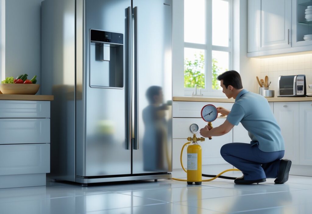 Técnico trabalhando para repor o gás da geladeira em uma cozinha moderna.