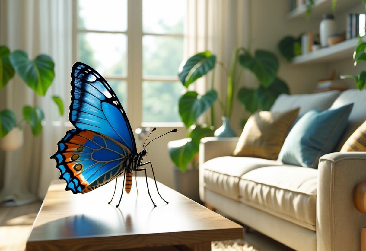 Uma borboleta colorida descansando dentro de uma sala iluminada, pousada em uma mesa de madeira, cercada por plantas e móveis confortáveis.