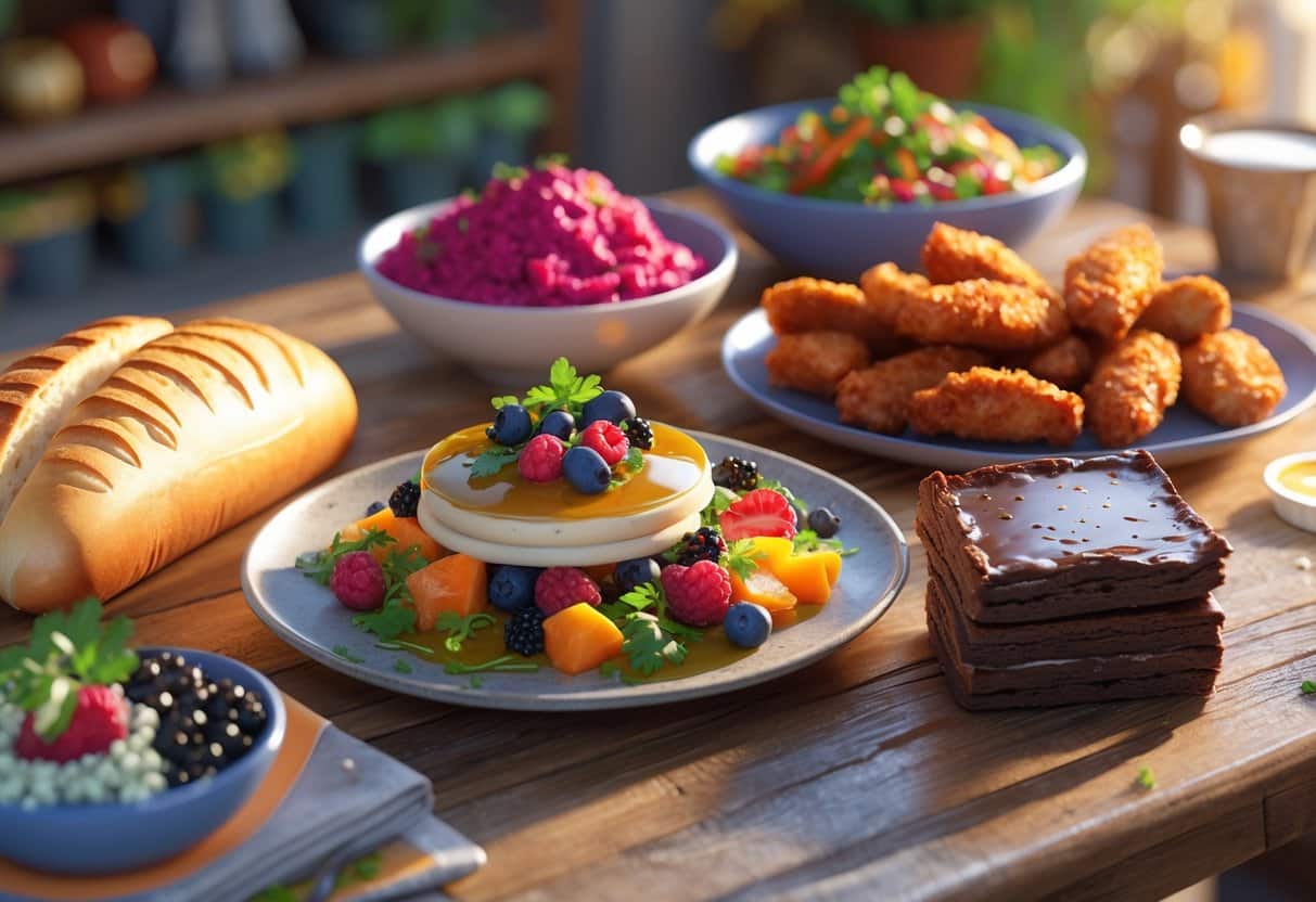 Vários alimentos que começam com a letra B dispostos sobre uma mesa, incluindo baguete, salada de beterraba, asas de frango empanadas, panquecas, feijão preto e brownie de chocolate.