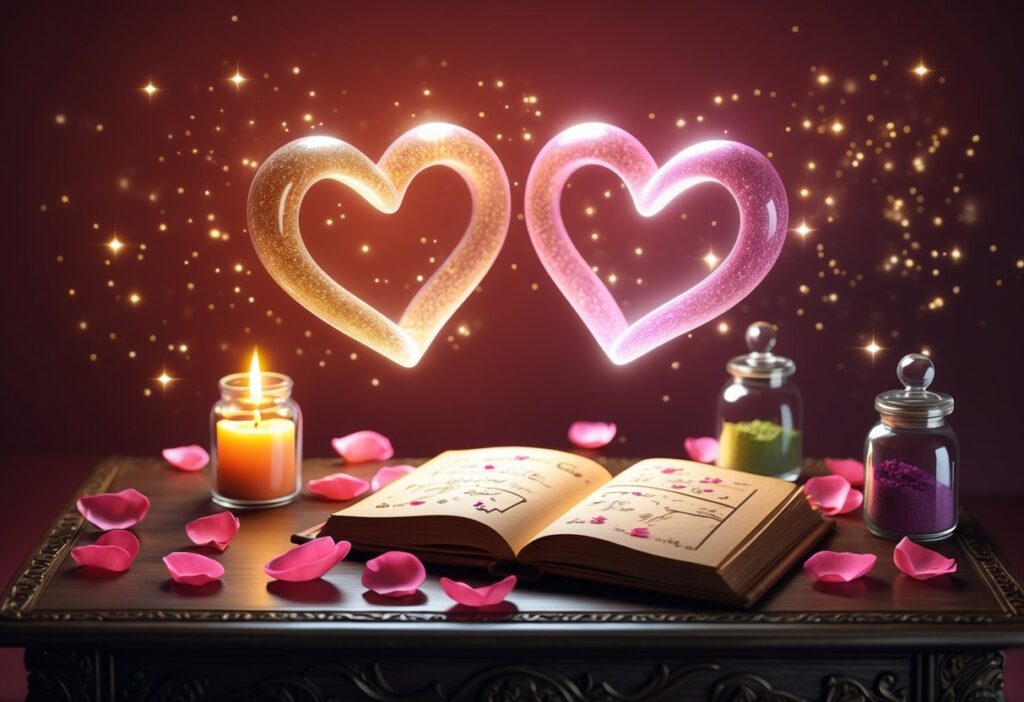 Duas mãos segurando corações brilhantes sobre uma mesa com velas acesas, potes de ervas e pétalas de rosa espalhadas, criando uma atmosfera de magia e amor.