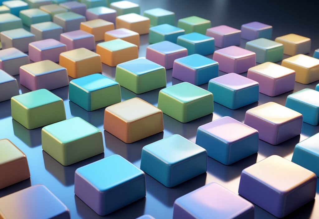 Grade tridimensional colorida representando uma tabela de multiplicação pitagórica com blocos elevados e variados em cores e alturas.
