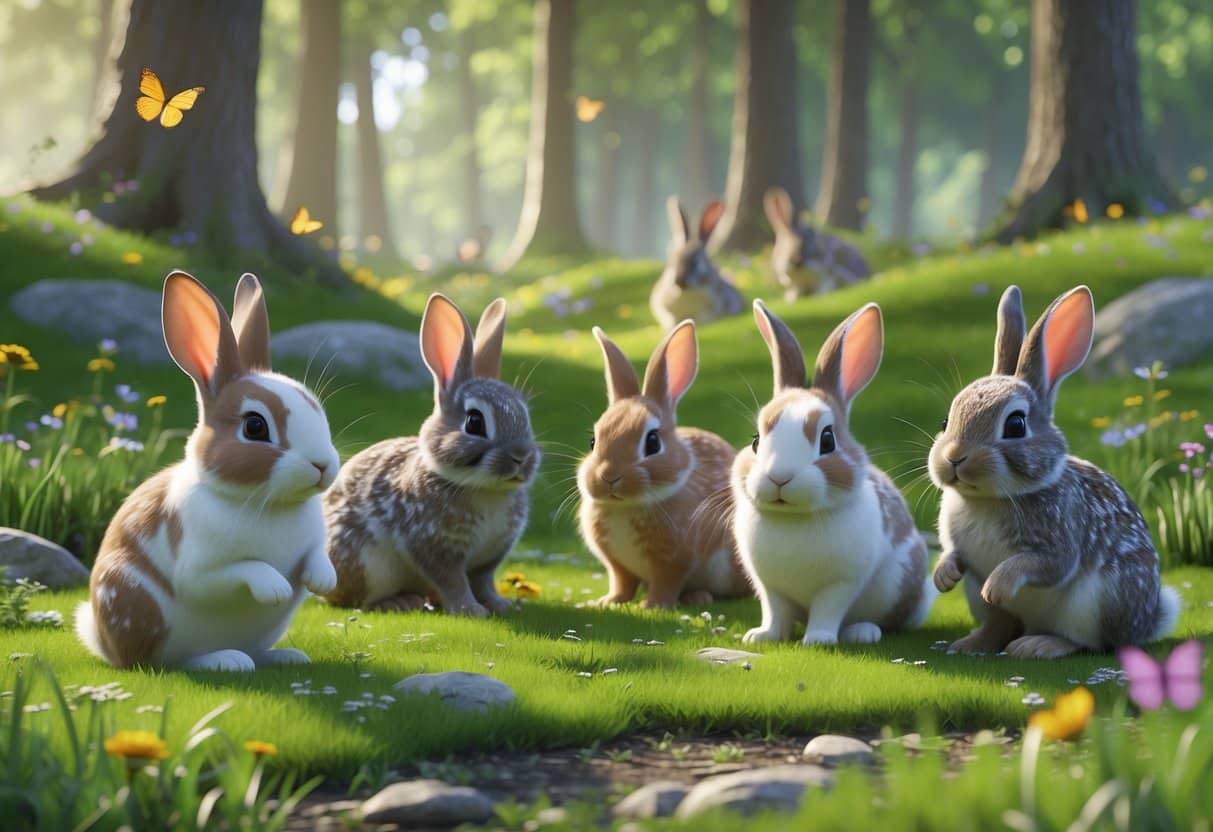 Grupo de coelhos em um campo verde com flores coloridas, alguns coelhos estão pulando e outros comendo grama, com árvores ao fundo.