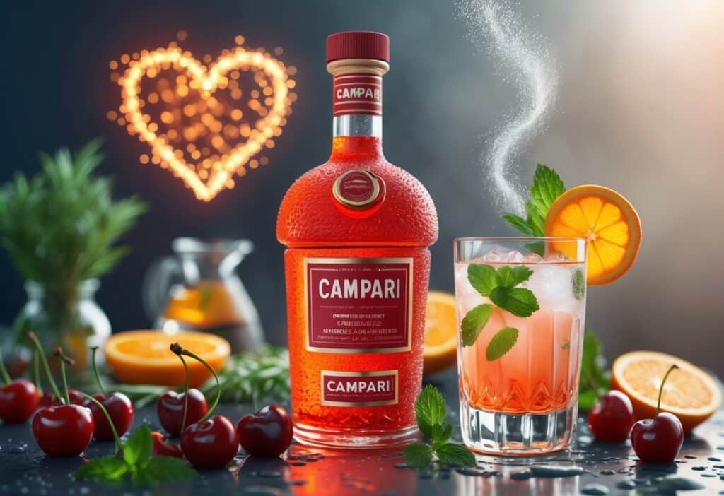 Garrafa de Campari com um copo de coquetel ao lado, rodeados por frutas vermelhas, fatias de laranja e ervas frescas, transmitindo uma sensação de saúde e frescor.