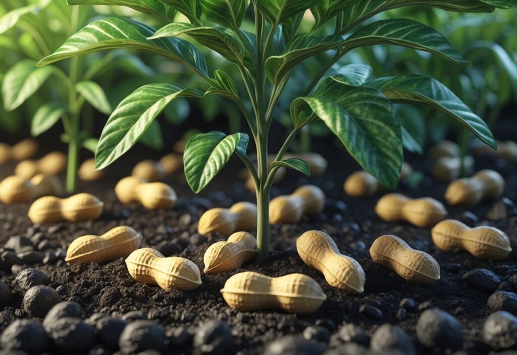 Planta de amendoim crescendo na terra, com folhas verdes acima do solo e amendoins visíveis parcialmente enterrados.