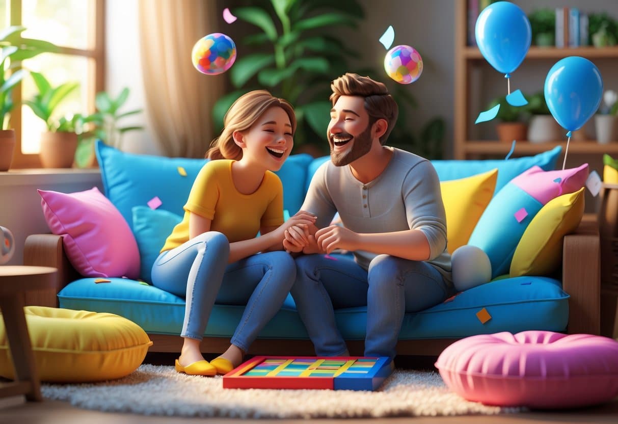 Casal se divertindo junto em uma sala aconchegante, rindo e brincando com jogos e balões ao redor.
