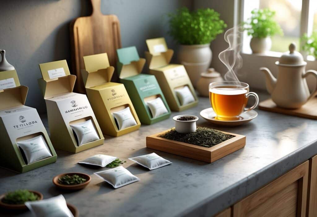 Bancada de cozinha com várias caixas de chá de saquinho abertas, uma xícara de chá fumegante e utensílios para chá, em ambiente acolhedor.