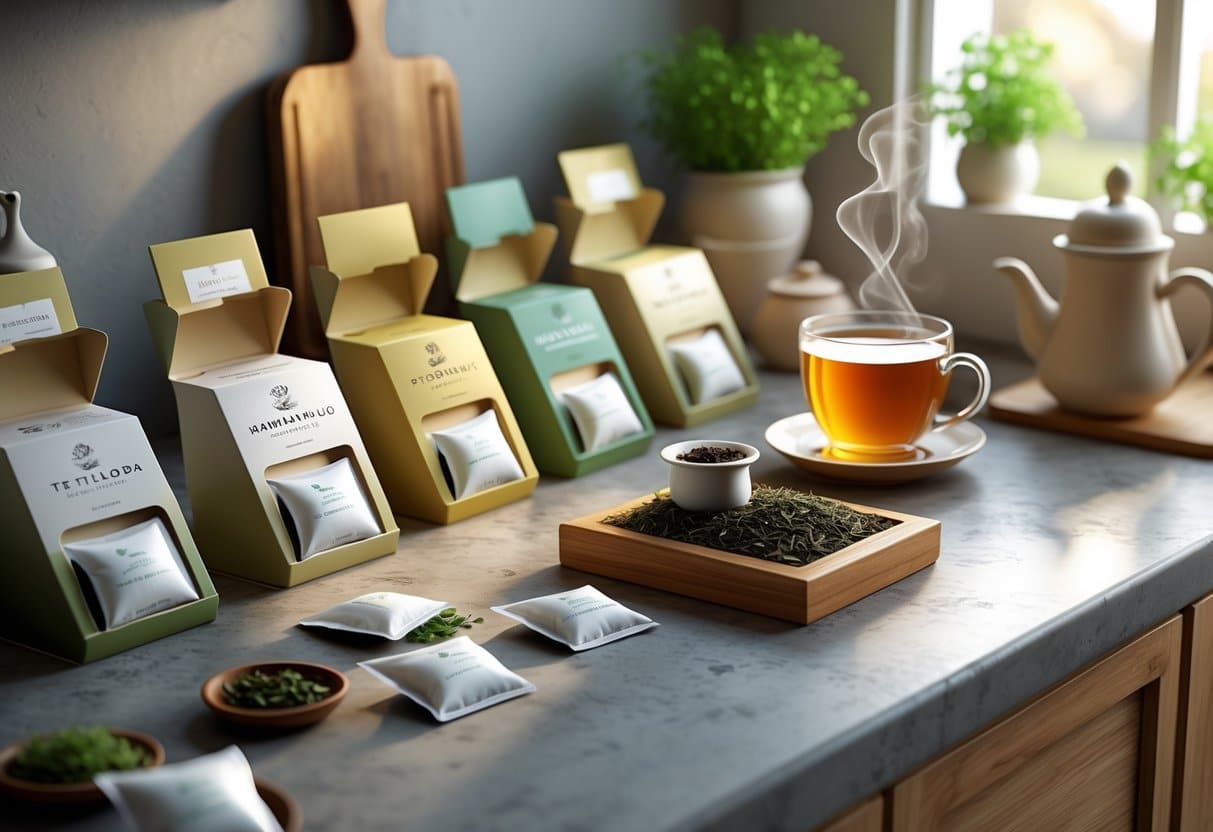 Bancada de cozinha com várias caixas de chá de saquinho abertas, uma xícara de chá fumegante e utensílios para chá, em ambiente acolhedor.