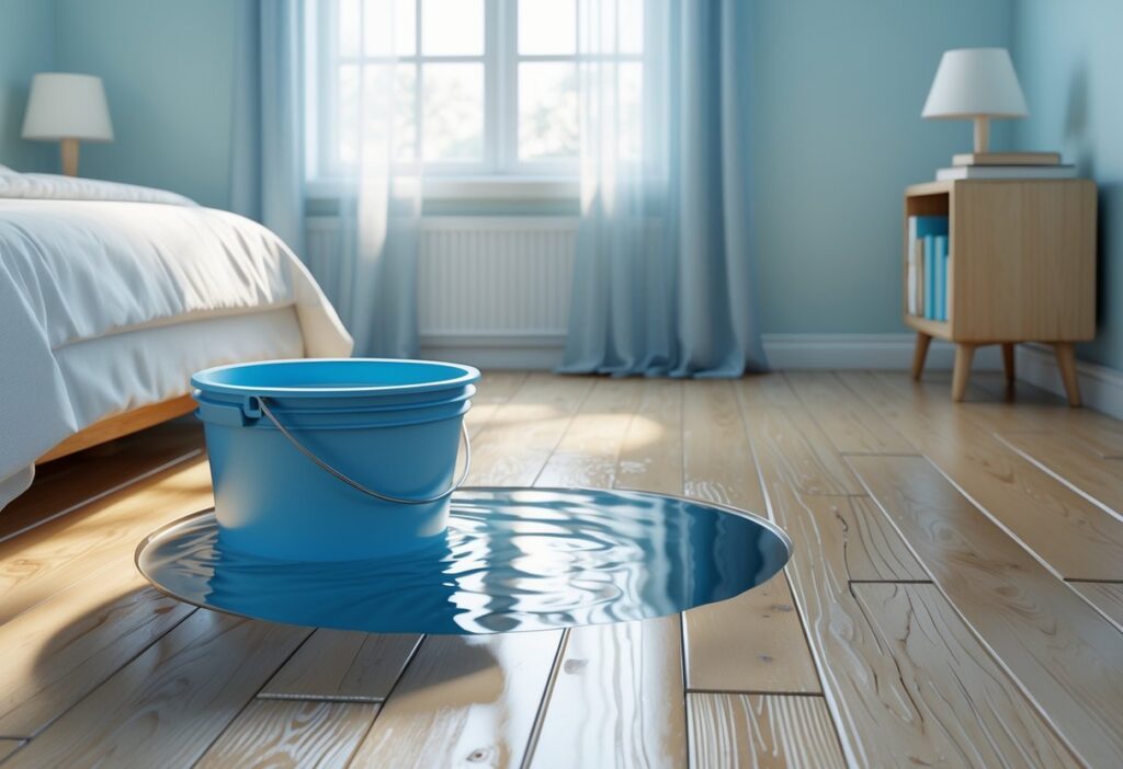 Quarto com um balde cheio de água no chão próximo à cama, iluminado pela luz natural da janela.