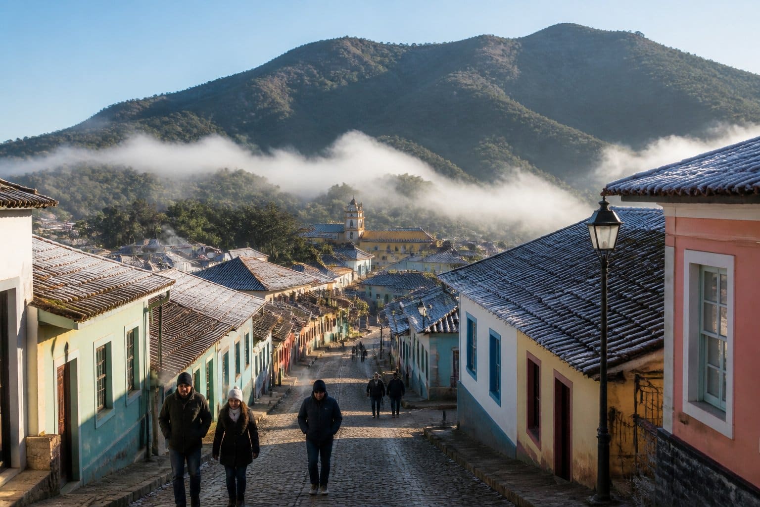 Vista de uma pequena cidade montanhosa com casas coloridas, névoa leve e pessoas vestindo roupas quentes caminhando pelas ruas.