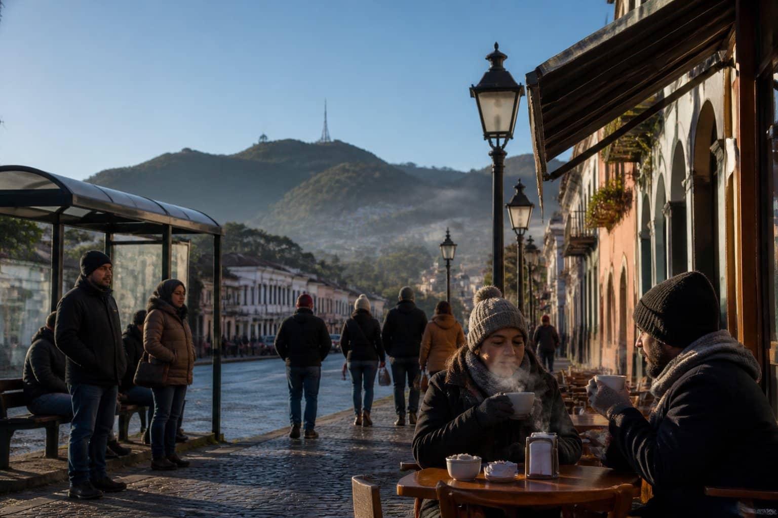 Rua de uma cidade do Nordeste com pessoas vestindo roupas de frio, edifícios coloniais e leve neblina indicando clima frio.