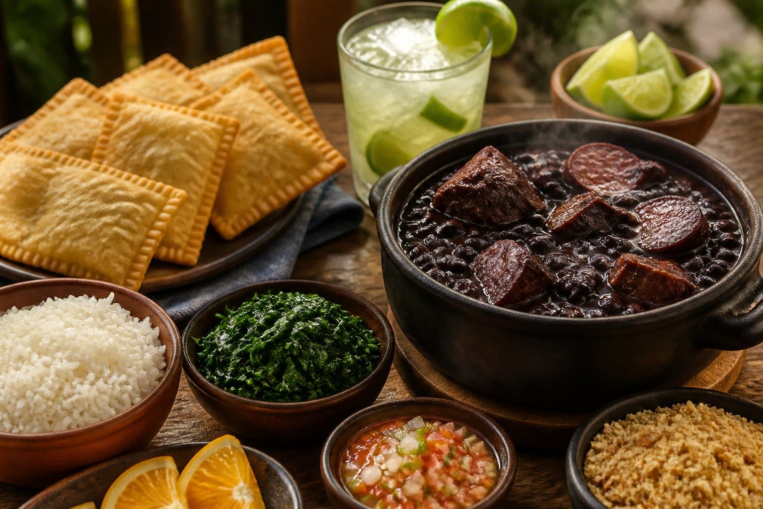 Mesa com pratos tradicionais da culinária do Rio de Janeiro, incluindo feijoada, pastel, arroz, couve e caipirinha.