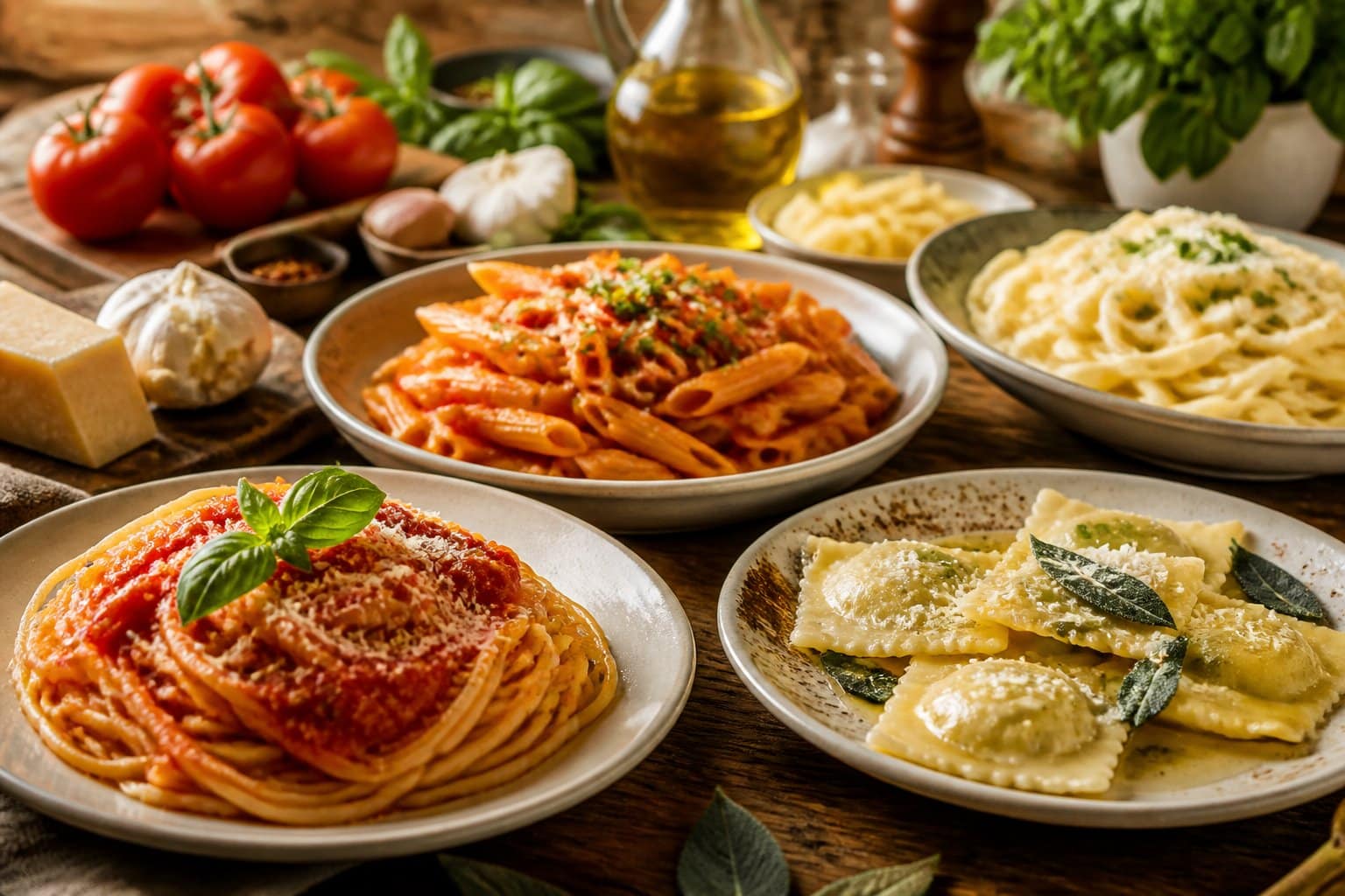 Mesa rústica com diversos pratos típicos de massas italianas e ingredientes frescos ao redor.