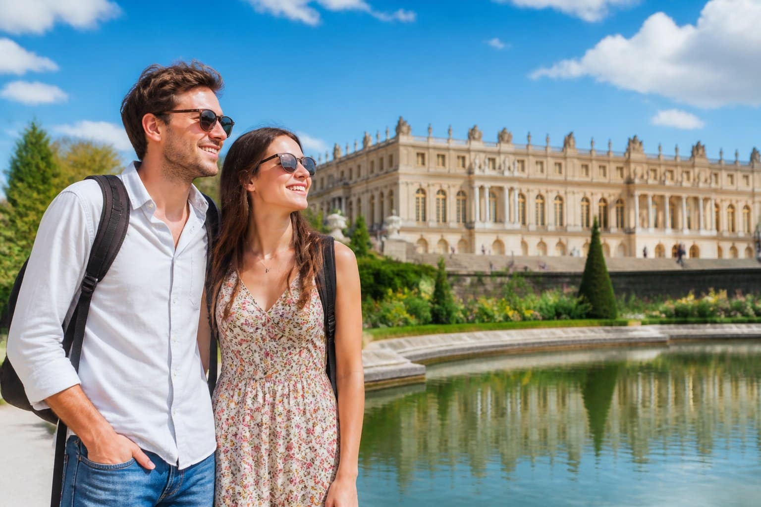 Casal sorridente aproveitando um dia ensolarado em um ponto turístico histórico próximo a Paris, com céu azul e vegetação ao redor.