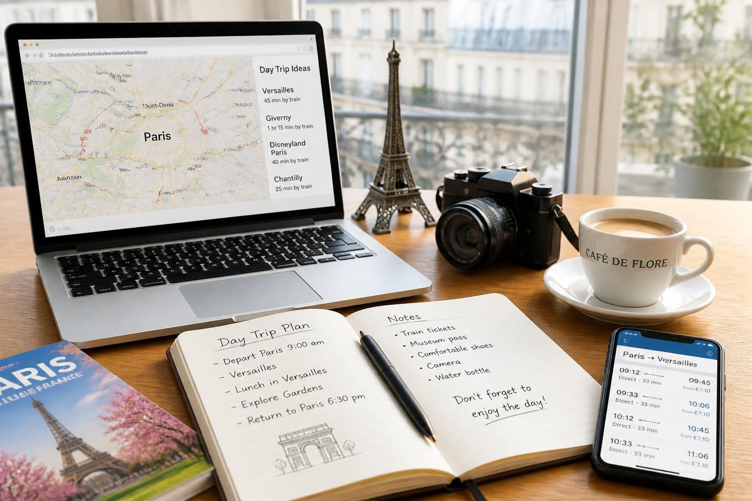 Mesa organizada com laptop mostrando mapa de Paris, caderno com anotações, café, celular e uma miniatura da Torre Eiffel.