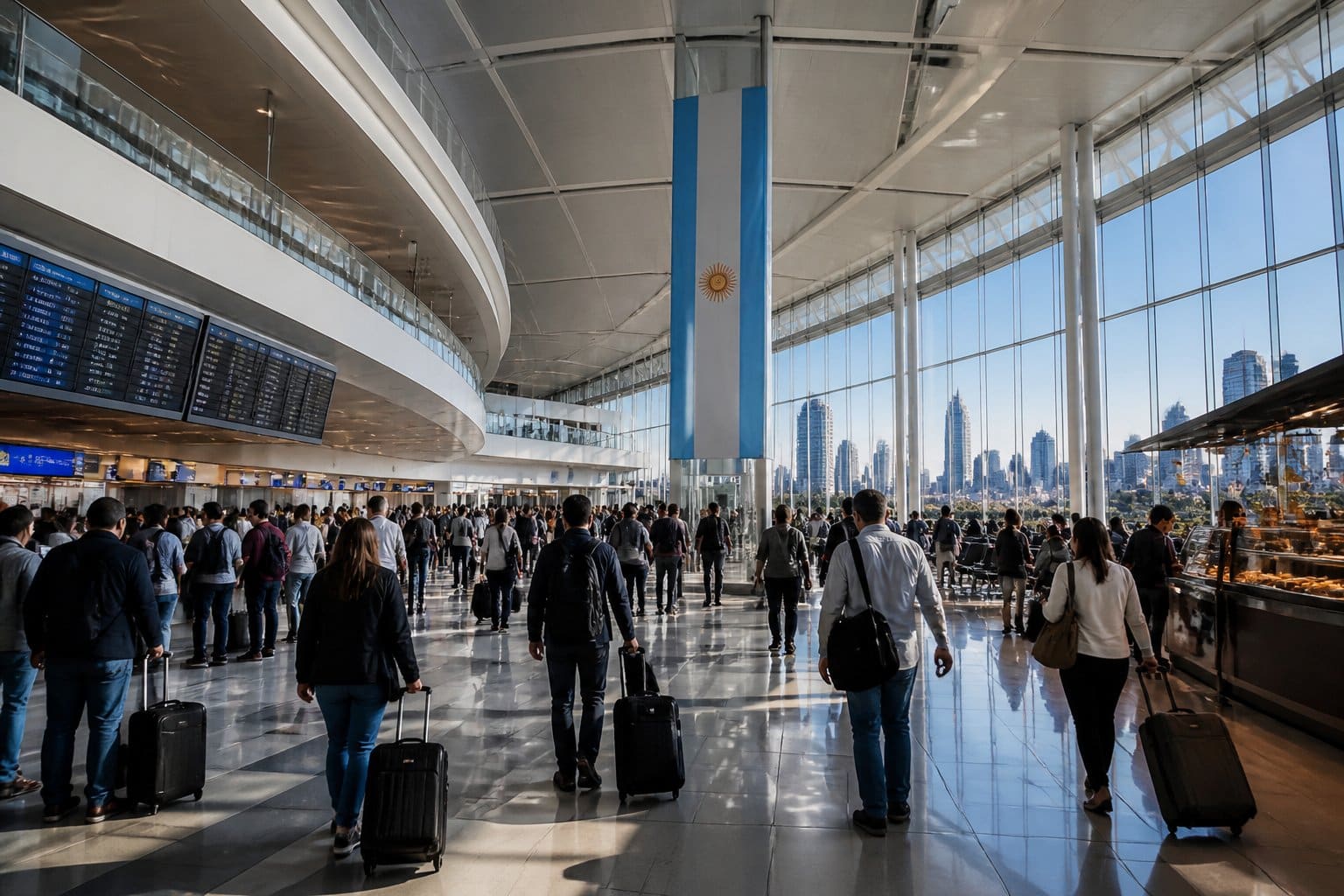 Terminal de aeroporto movimentado em Buenos Aires com passageiros caminhando e grandes janelas de vidro.