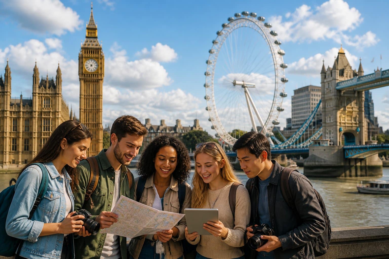 Turistas planejando um roteiro em Londres com pontos turísticos famosos ao fundo, como o Big Ben e a London Eye.