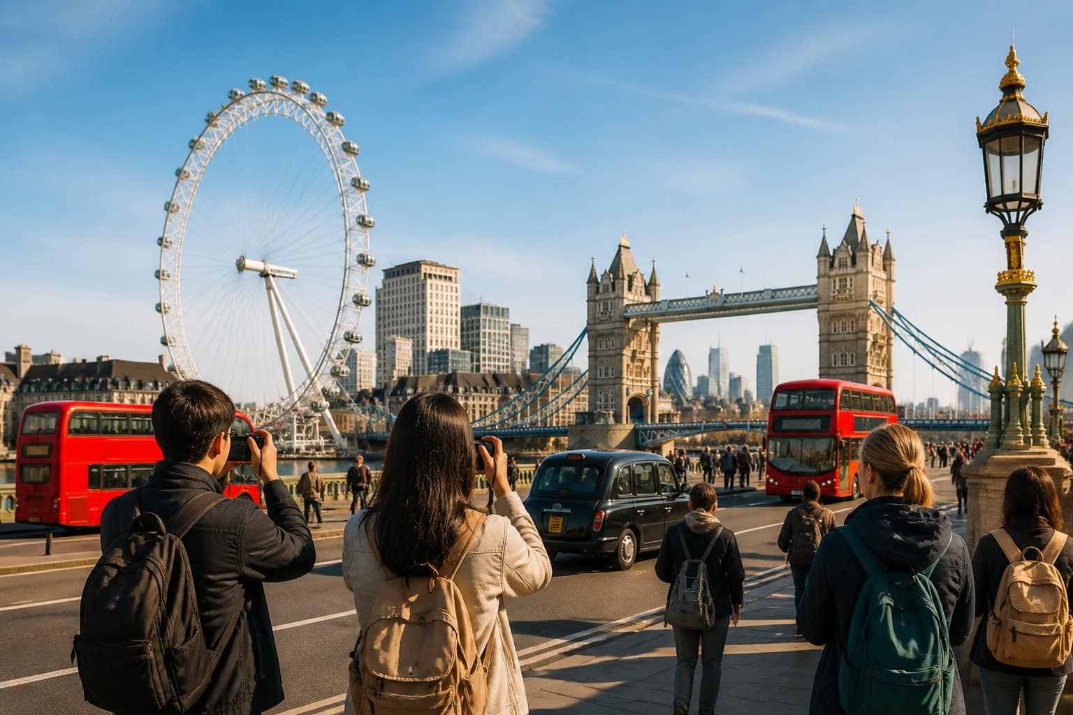 Turistas explorando pontos turísticos famosos de Londres, com a Tower Bridge e o London Eye ao fundo em um dia ensolarado.