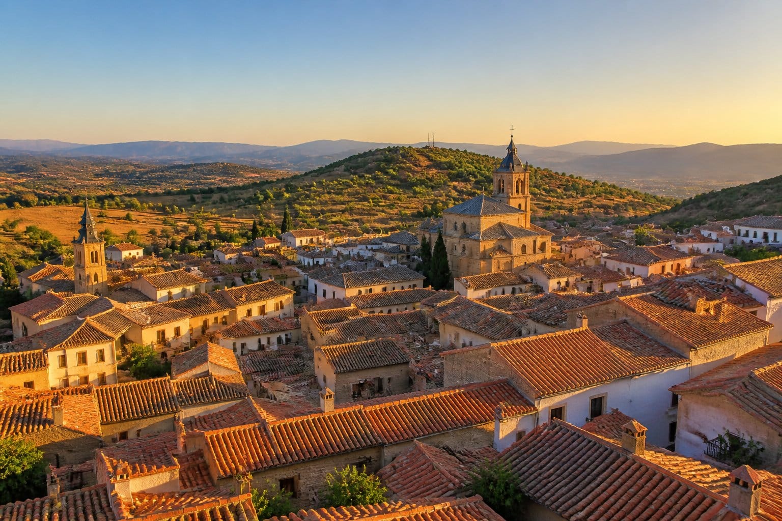 Vista panorâmica de cidades próximas a Madrid com arquitetura tradicional espanhola, ruas de paralelepípedos e colinas ao fundo sob luz do entardecer.