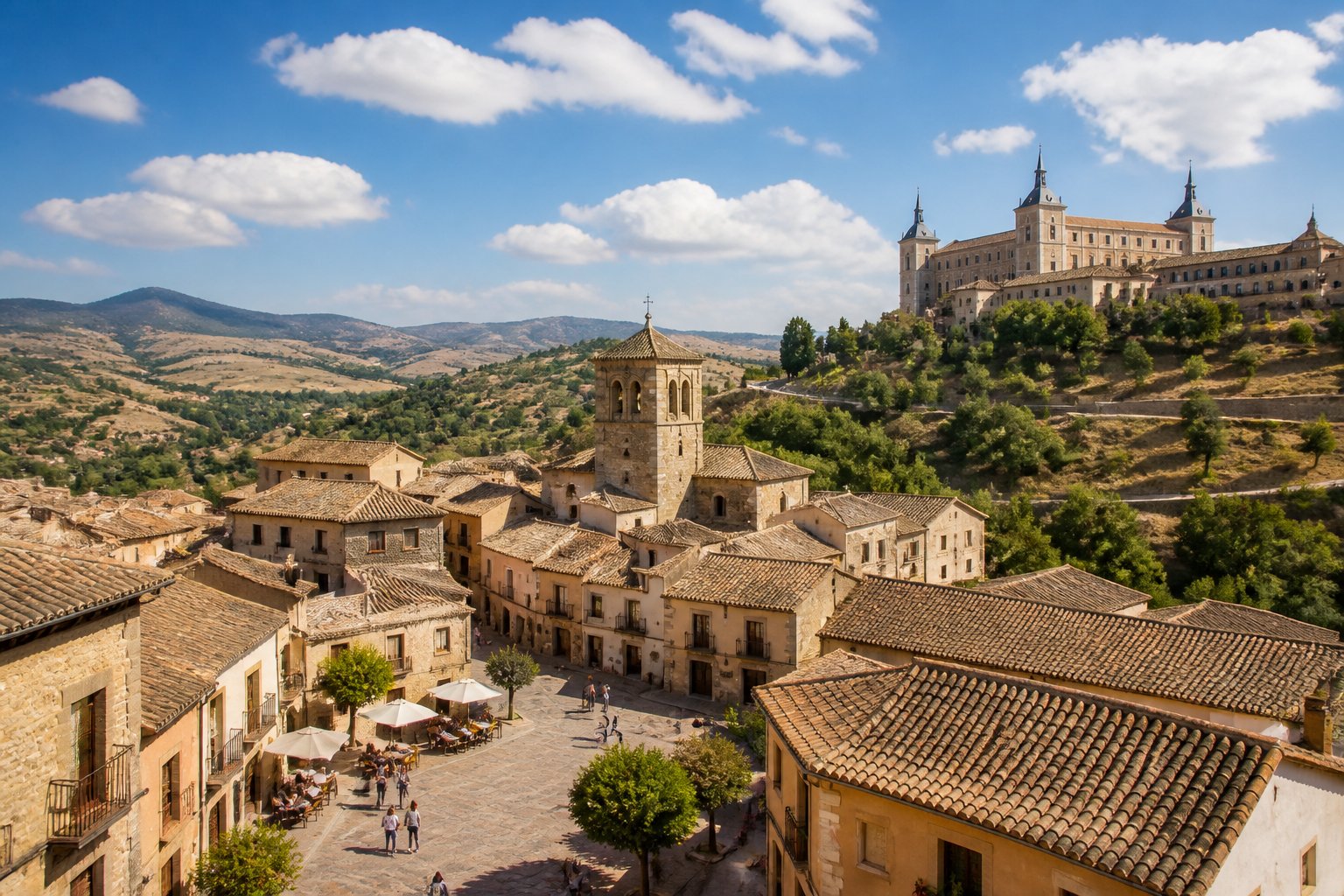 Vista panorâmica de cidades históricas perto de Madrid com arquitetura tradicional espanhola, ruas de pedra e áreas ao ar livre com pessoas.